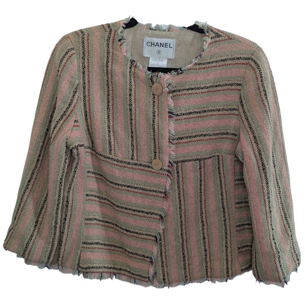 Chanel Vintage Pink Green Beige Tweed Jacket 00C Cruise 2000 Woman FR42 6 8 RARE
